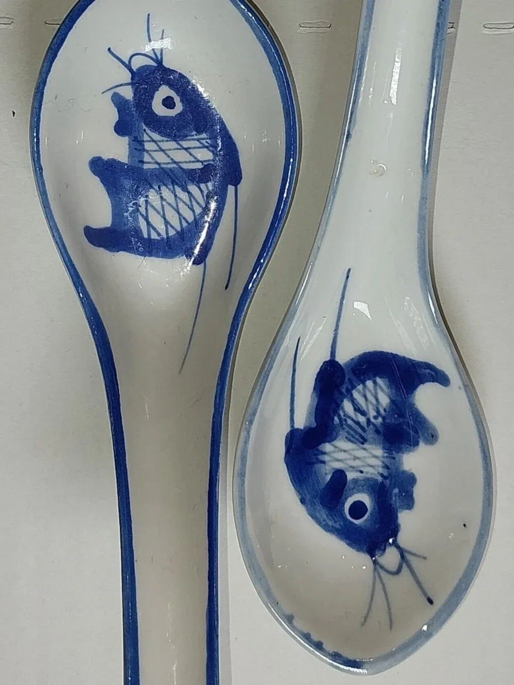 Vintage Chinese Porcelain Soup Spoons Set Of 2 Blue White Hand Painted Fish